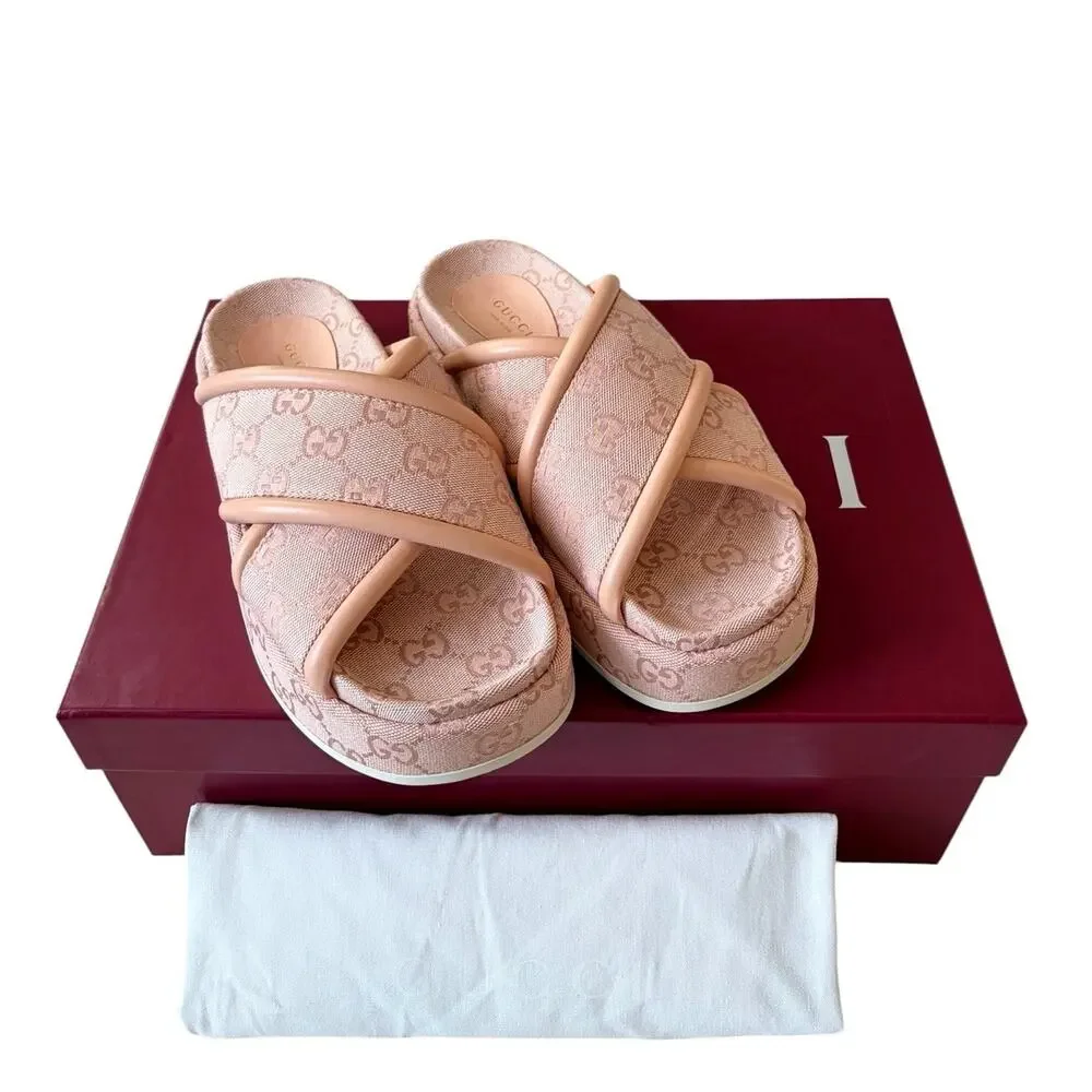 Gucci GG Canvas Pink Platform Slides 816798 Women's 38.5 US 8.5 NEW